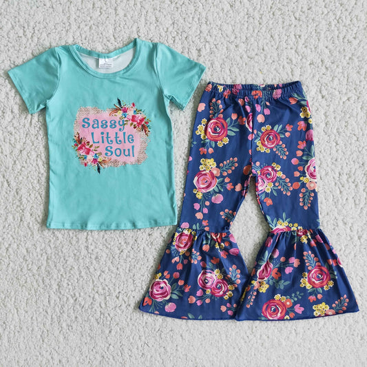 Promotion C11-4 Baby Girl Short Sleeves Sassy Shirt Floral Bell Pants Set