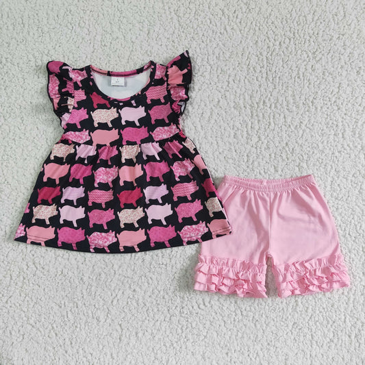 Promotion Baby Girl Pigs Tops Pink Cotton Shorts Summer Outfit