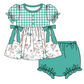 Baby Girl Short Sleeves Flower Green Plaid Sibling Romper Dress Clothes Set ( Moq 5 Each Design )11.19