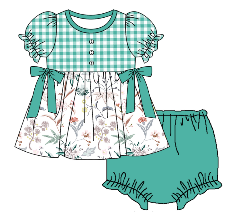 Baby Girl Short Sleeves Flower Green Plaid Sibling Romper Dress Clothes Set ( Moq 5 Each Design )11.19