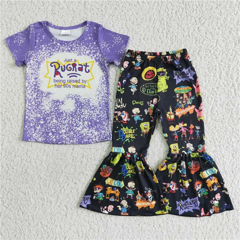 Promotion Baby Girl Short Sleeves Cartoon Shirt Bell Pants Outfit