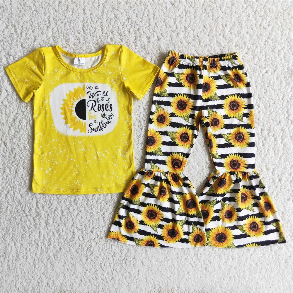 Promotion Baby Girl Short Sleeves Sunflower Shirt Stripes Bell Pants Outfit