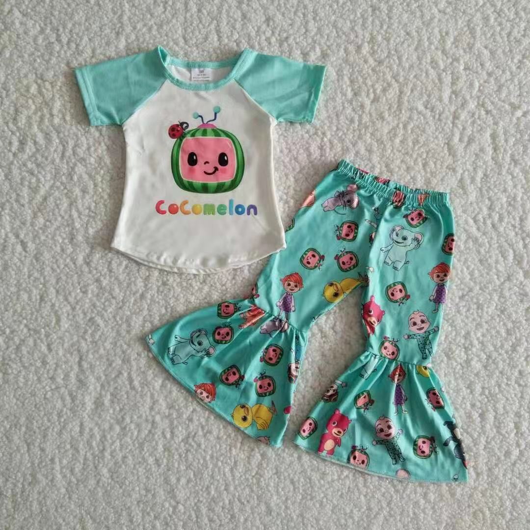 Promotion Baby Girl Green Short Sleeves Shirt Melon Bell Pants Set