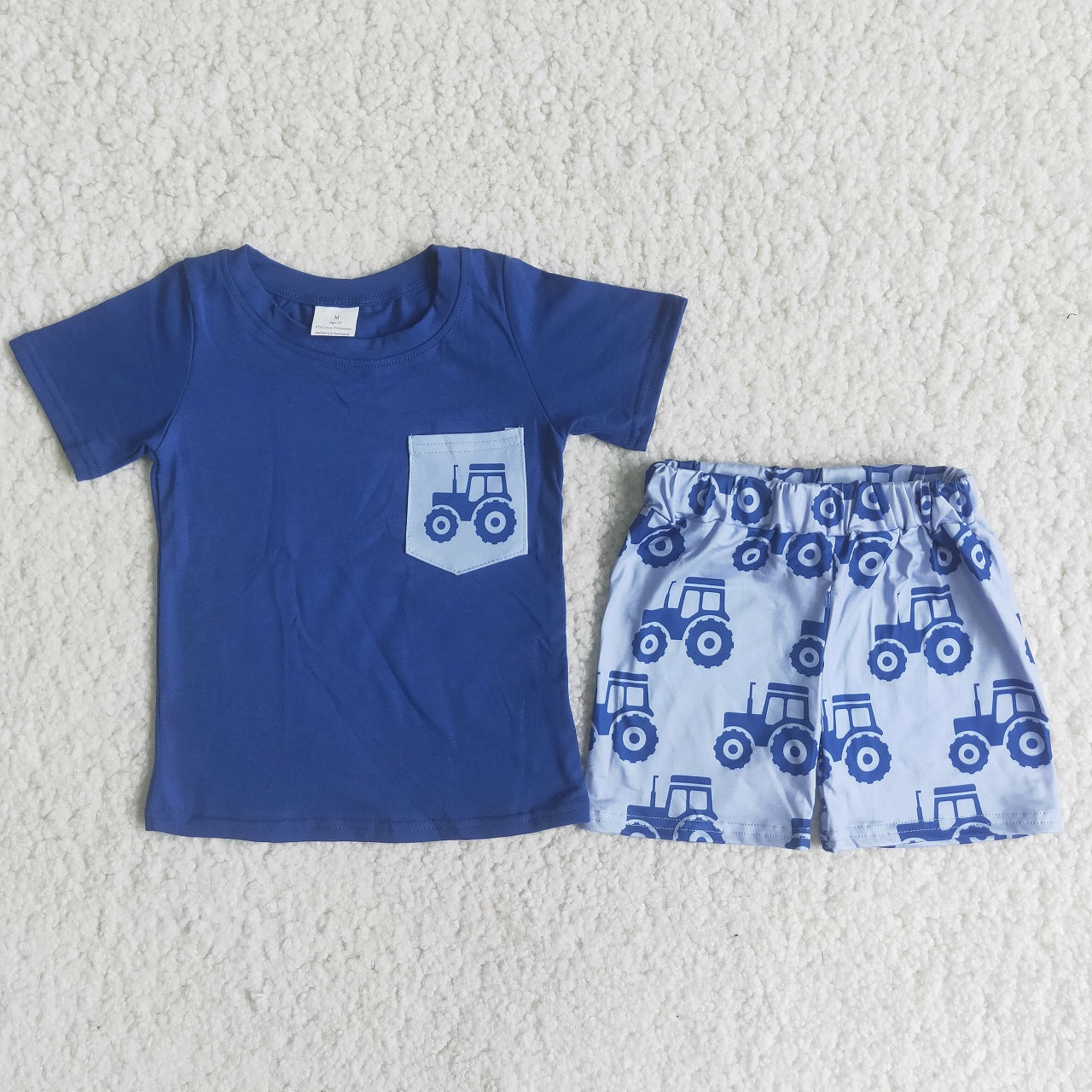 Promotion Baby Boy Short Sleeves Blue Shirt Tractors Shorts Set