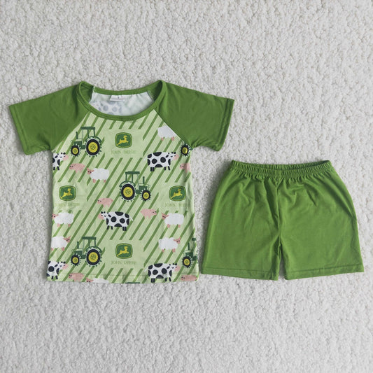 Promotion Baby Boy Short Sleeves Tractors Shirt Green Ruffle Shorts Summer Set