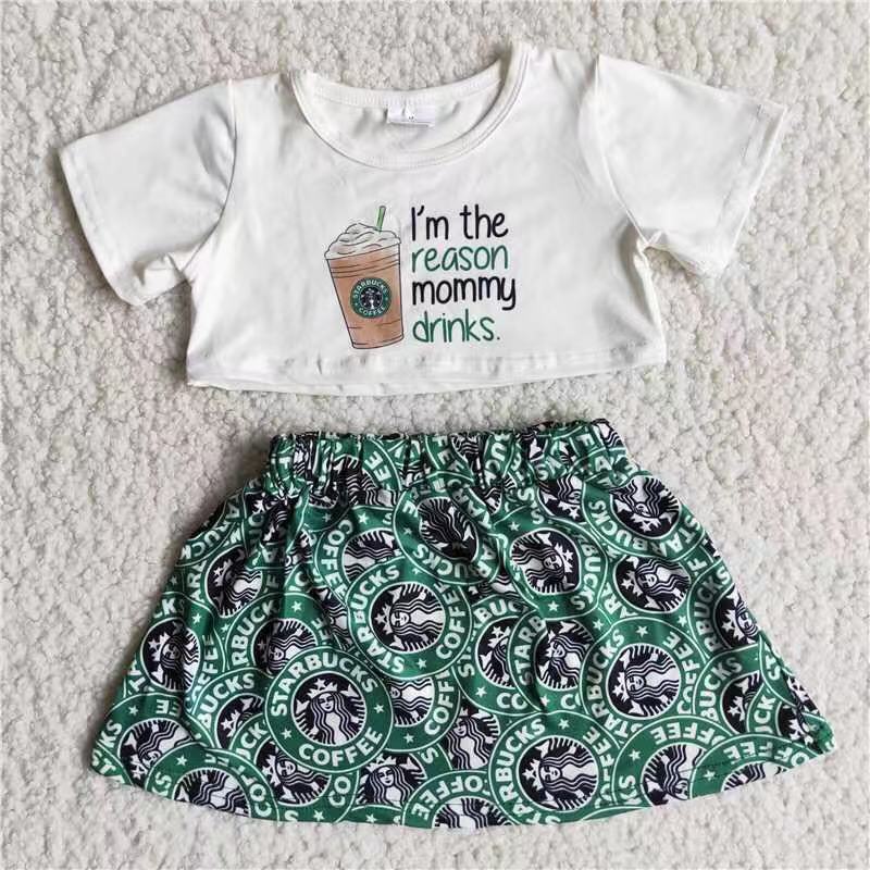 Promotion Baby Girl Summer Short Sleeves Coffee Shirt Skirt Set