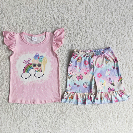 Promotion Baby Girl Summer Pink Short Sleeves Rainbow Shirt Shorts Outfit