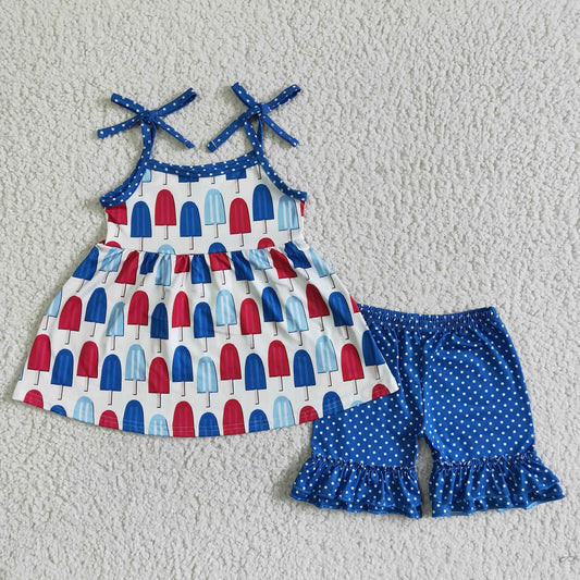 Promotion Baby Girl Popsicle Tunic Dots Blue Shorts Summer July 4th Set