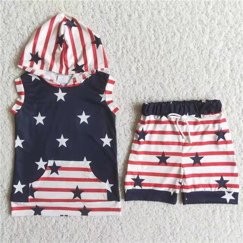 Promotion Baby Boy Short Sleeves Hoodie Shirt Stars Stripes Shorts July 4th Set