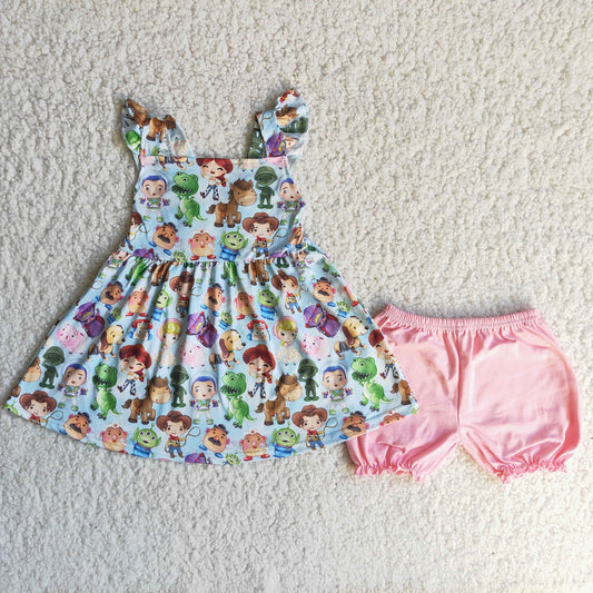 Promotion Baby Girl Summer Short Sleeves Toy Tops Pink Cotton Shorts Set