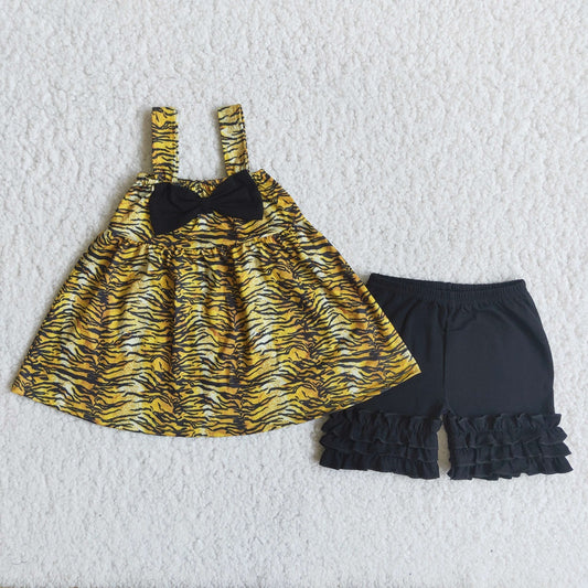 Promotion Baby Girl Tiger Print Tops Black Shorts Summer Outfit