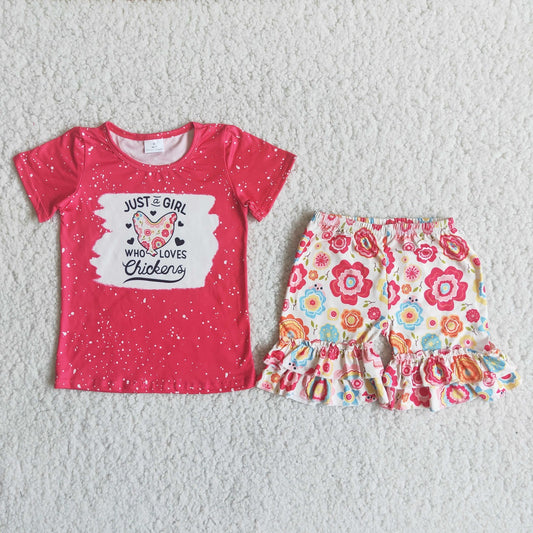 Promotion Baby Girl Summer Short Sleeves Chicken Shirt Floral Shorts Set