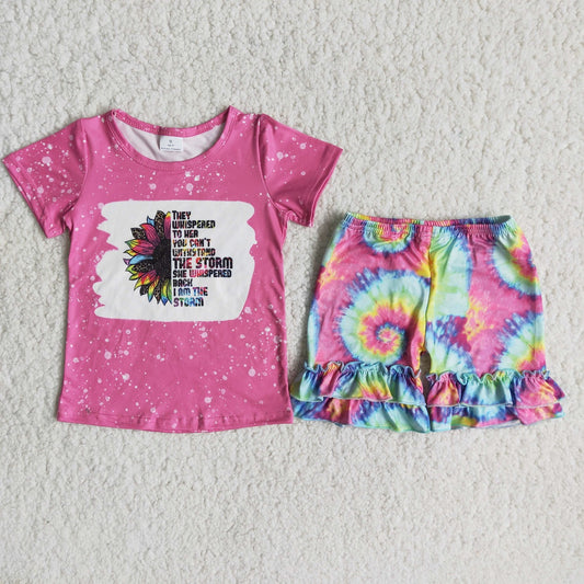 Promotion Baby Girl Summer Short Sleeves Sunflower Shirt Tie Dye Shorts Set