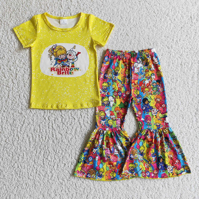 Promotion Baby Girl Short Sleeves Rainbow Shirt Bell Pants Cartoon Outfit