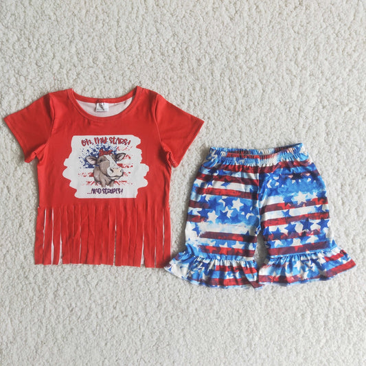 Promotion Baby Girl Red Tassel Cow Shirt Stars Shorts July 4th Set