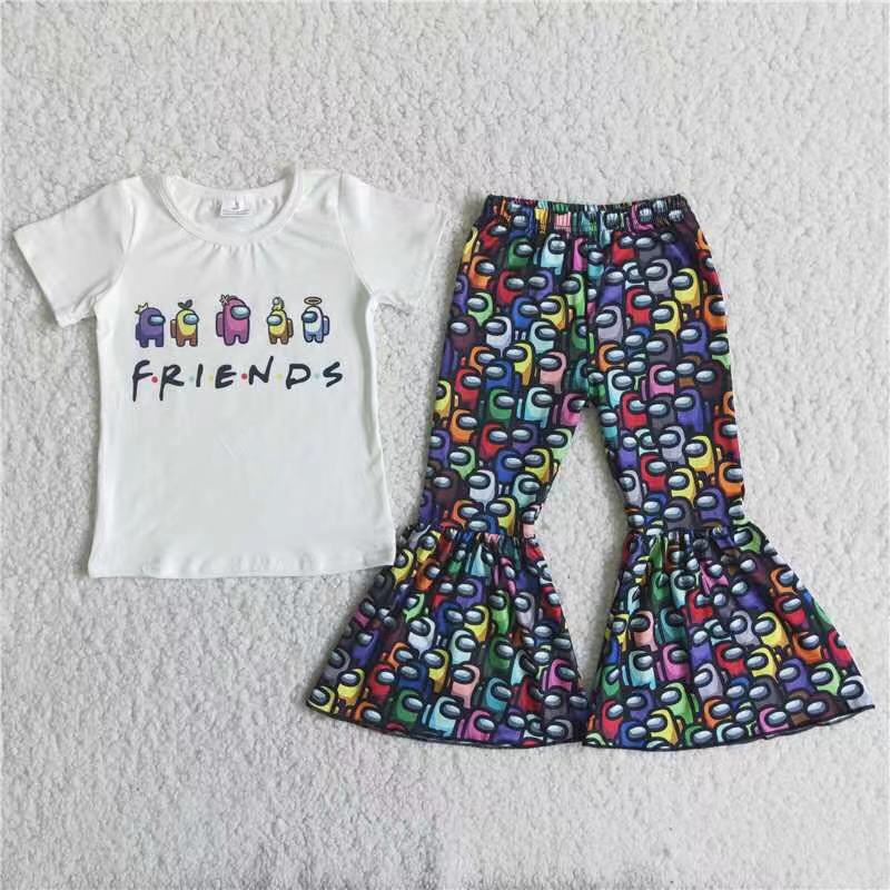 Promotion Baby Girl Short Sleeves Shirts Cartoon Bell Pants Set