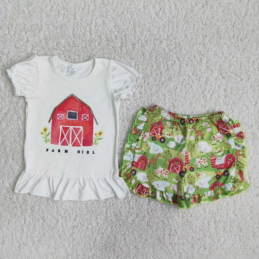 Promotion Baby Girl Short Sleeves Shirt Green Farm Shorts Summer Outfit