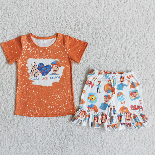 Promotion Baby Girl Summer Short Sleeves Orange Shirt Shorts Outfit