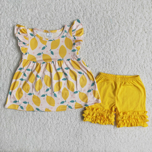 Promotion Baby Girl Short Sleeves Lemon Yellow Ruffle Tunic Shorts Summer Outfit RTS
