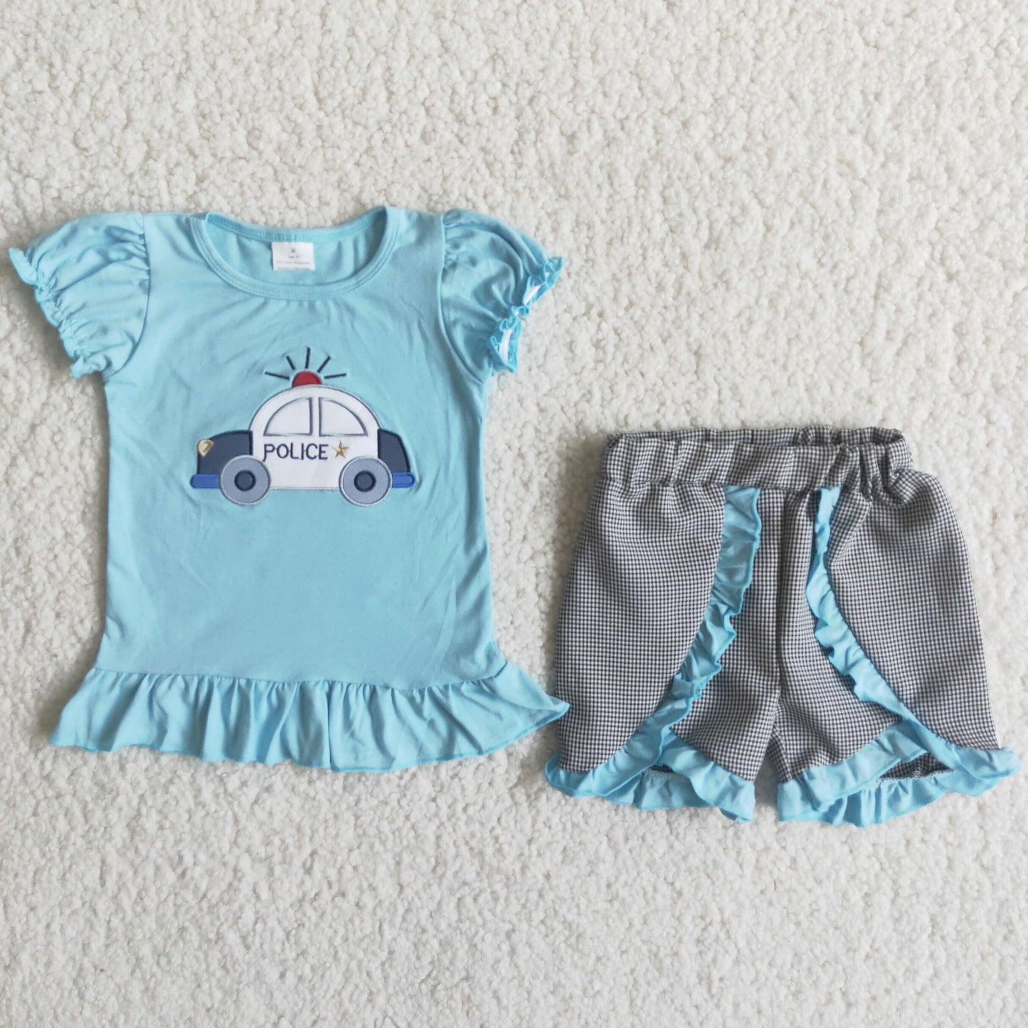 Promotion Baby Girl Embroidery Car Blue Shirt Plaid Shorts Set