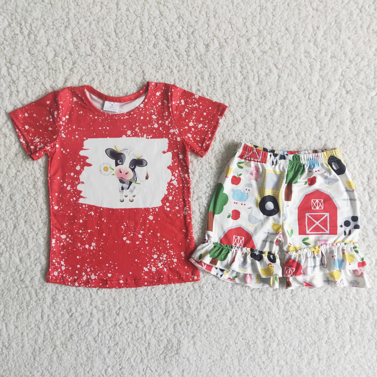 Promotion Baby Girl Summer Short Sleeves Cow Shirt Farm Shorts Outfit