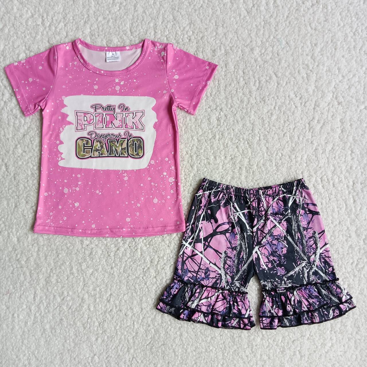 Promotion Baby Girl Summer Short Sleeves Shirt Camo Shorts Set