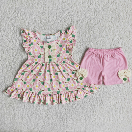 Promotion Baby Girl Short Sleeves Flower Tunic Pink Shorts Set