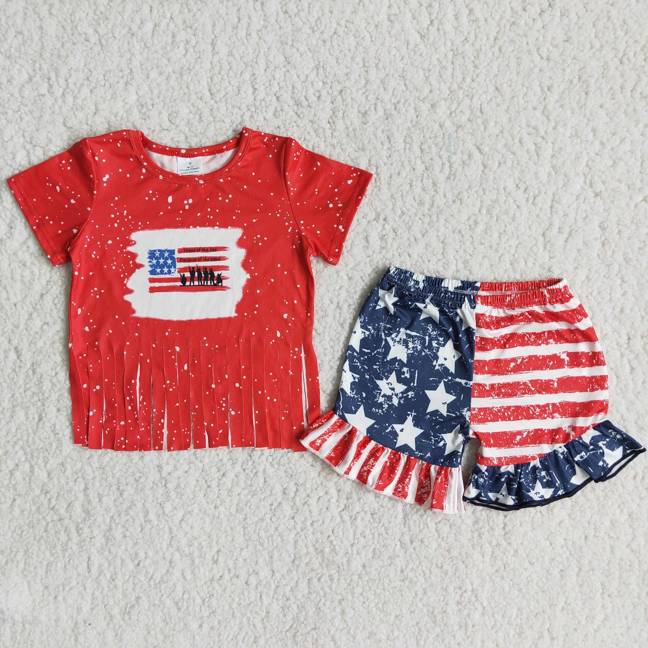 Promotion Baby Girl Red Tassel Shirt Stars Stripes Shorts July 4th Set