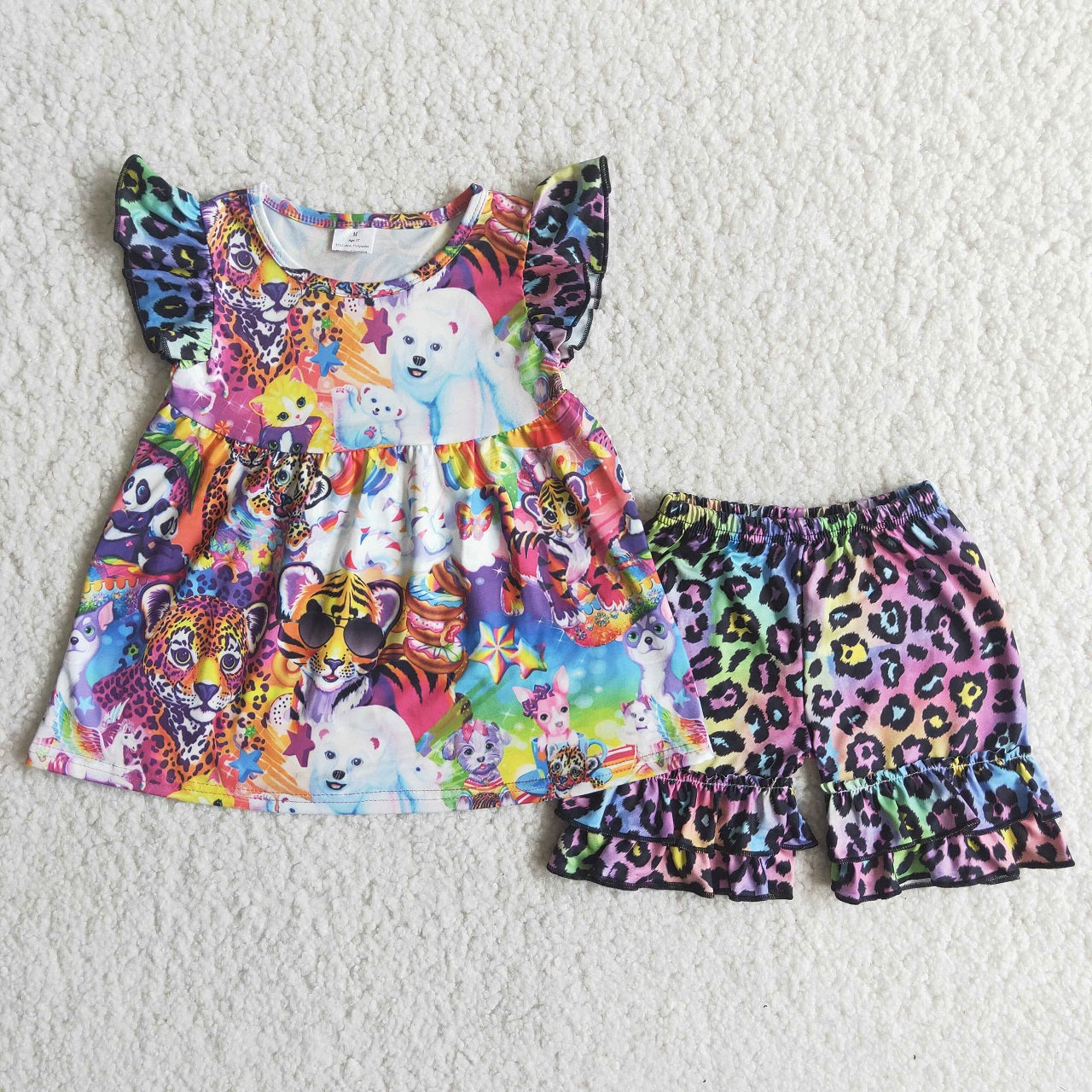 Promotion Baby Girl Short Sleeves Animals Colorful Tunic Leopard Shorts Set