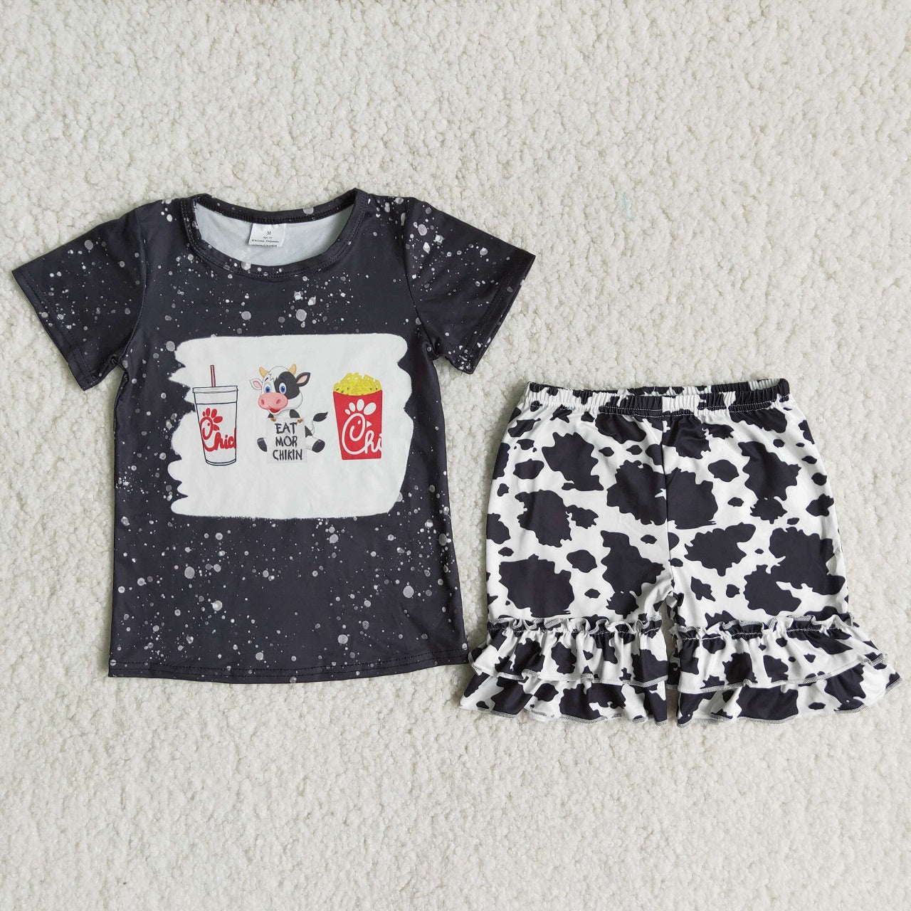 Promotion Baby Girl Summer Black Shirt Cow Print Ruffle Shorts Outfit