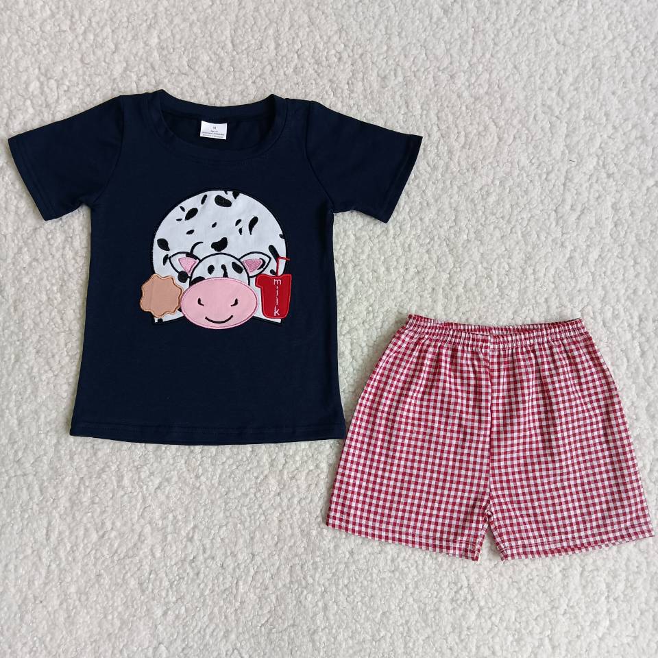 Promotion Baby Boy Short Sleeves Embroidery Cow Shirt Red Plaid Shorts Set