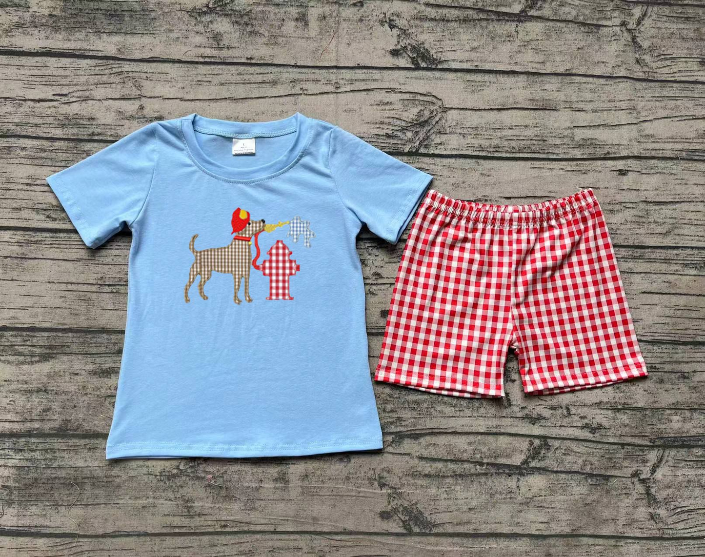 No moq Pre-order Baby Boy Short Sleeves Embroidery Fire Dog Shirt Plaid Shorts Summer Set