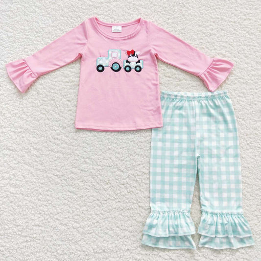 GLP0487 Baby Girl Pink Long Sleeves Embroidery Cow Tractor Green Plaid Ruffle Pants Outfit