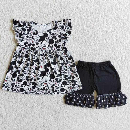 Promotion Baby Girl Short Sleeves Cartoon Tunic Black Shorts Set Clothes RTS