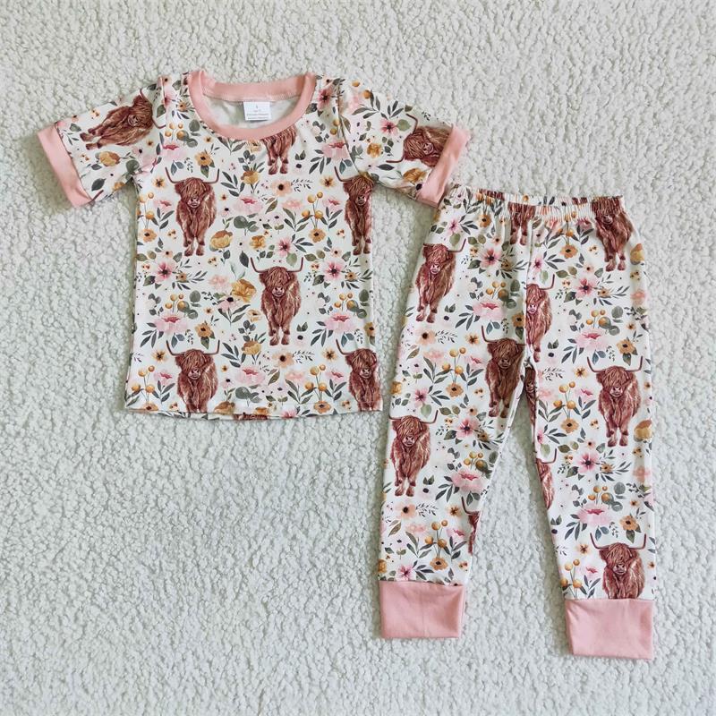 Promotion C2-14 Baby Girl Short Sleeves Shirt Pants Western Cow Floral Outfit Pajamas