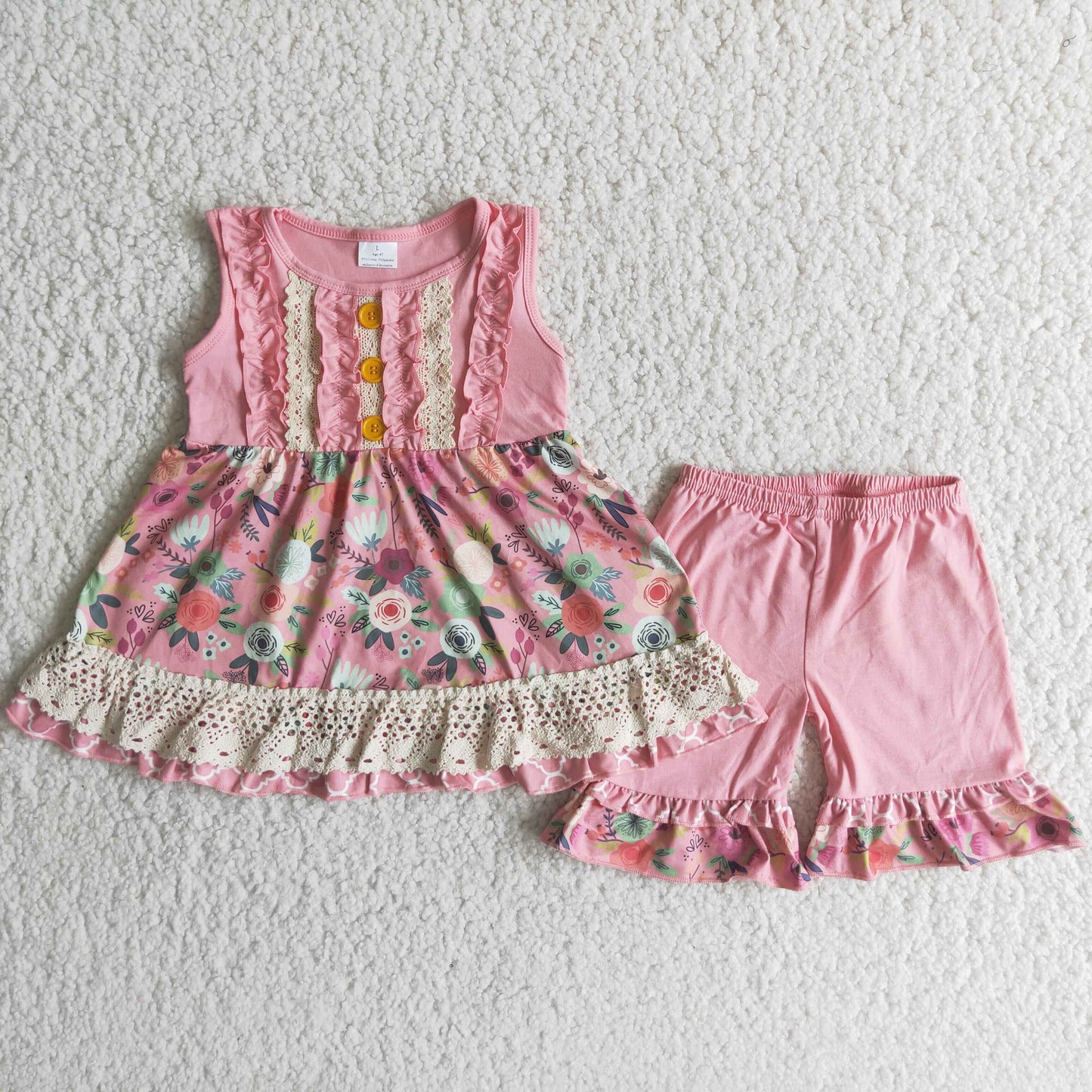 Promotion Baby Girl Sleeveless Flower Lace Tunic Pink Ruffle Shorts Set