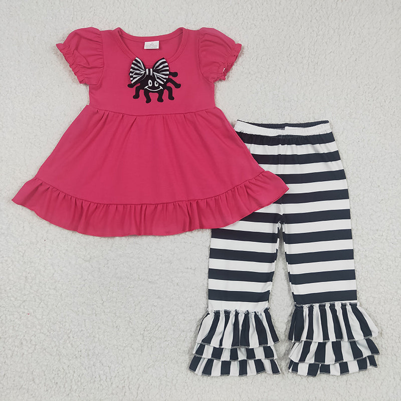 Promotion C2-8-1 Baby Girl Short Sleeves Embroidery Spider Tunic Striped Ruffle Pants Outfit