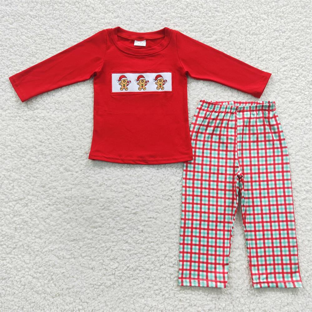 GLP0506 Baby Girl Red Long Sleeves Tunic Pants Gingerbread Embroidery Outfit Pajamas