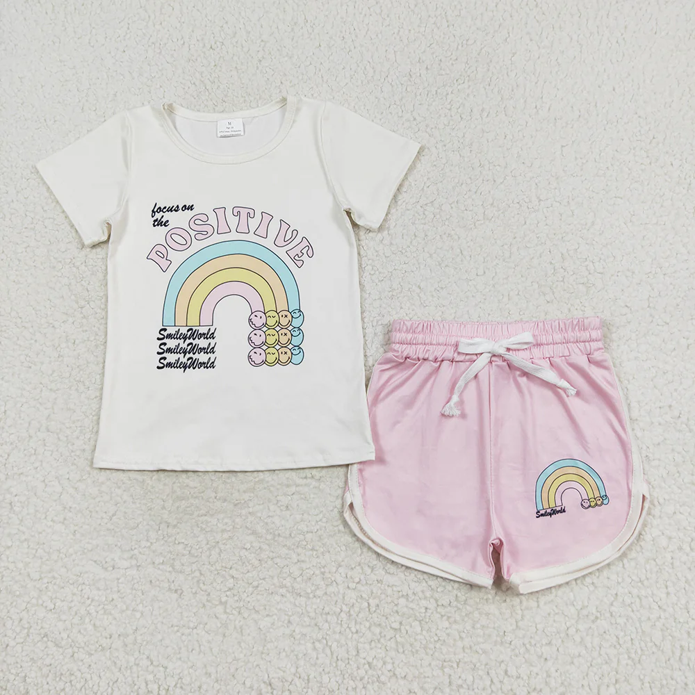 Baby Girl Short Sleeves Positive Rainbow Shirt Pink Shorts Summer Set