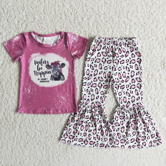 Promotion C3-24 Baby Girl Short Sleeves Cow Shirt Leopard Bell Pants Western Set