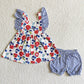 Promotion Baby Girl Summer Strawberry Blue Plaid Shorts Outfit