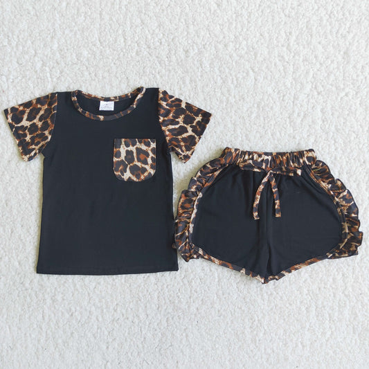 Promotion Baby Girl Summer Black Pocket Shirt Leopard Shorts Set