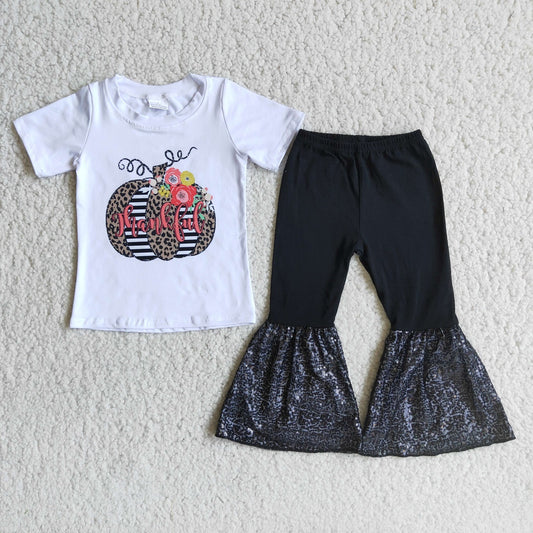 Promotion Baby Girl Short Sleeves Pumpkin Shirt Sequins Bell Pants Thanksgiving Set