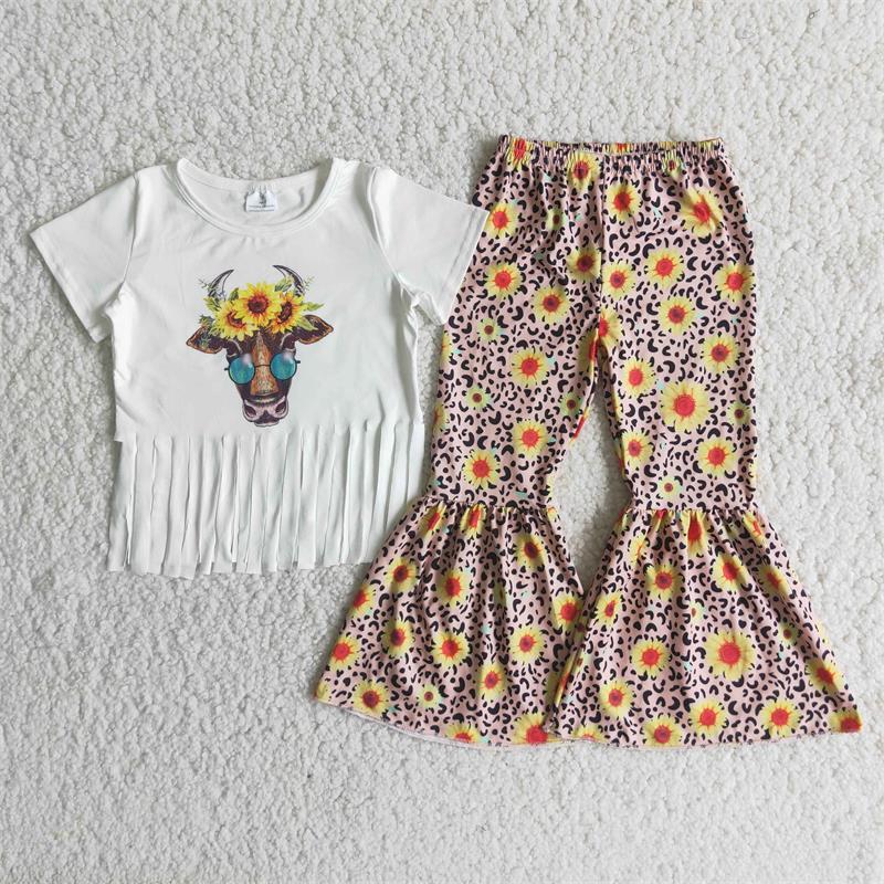 Promotion Baby Girl Sunflower Cow Leopard Bell Pants Western Outfit