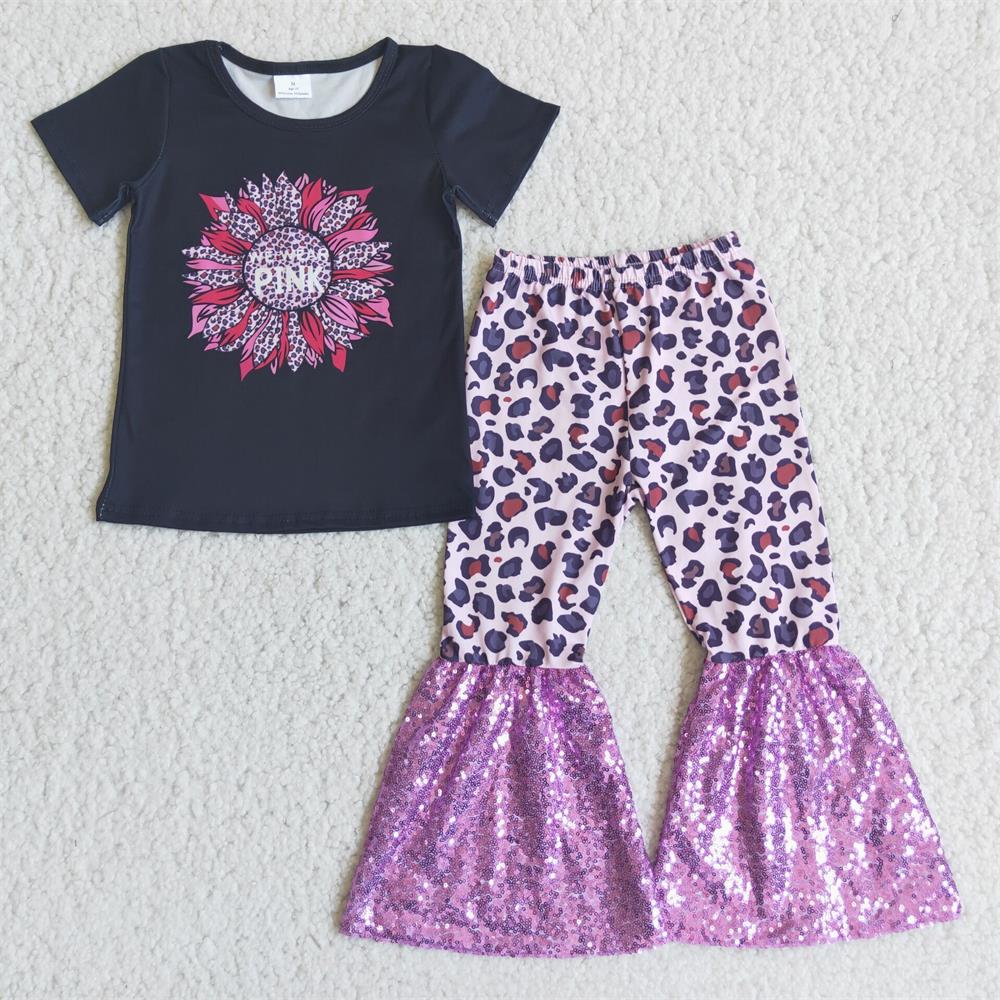 Promotion Baby Girl Sunflower Leopard Sequins Bell Pants Outfit