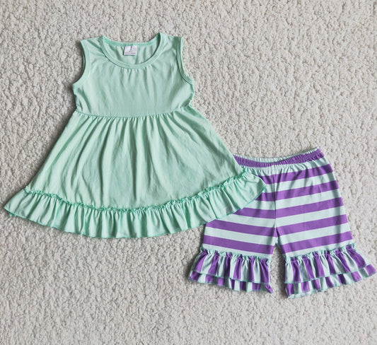 Promotion Baby Girl Summer Sleeveless Green Cotton Tops Stripes Shorts Set