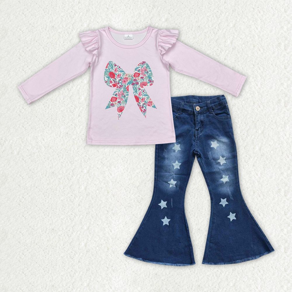 Baby Girl Long Sleeves Floral Bow Pink Shirt Jeans Denim Bell Pants Clothes Set