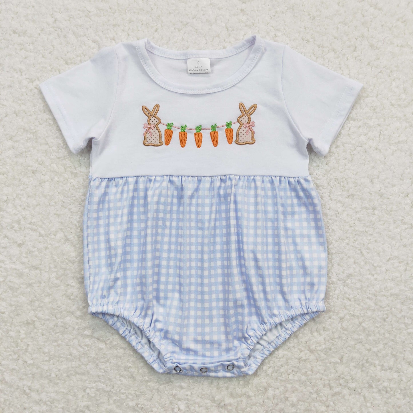 Baby Boy Short Sleeves Embroidery Carrot Rabbit Blue Plaid One Piece Romper