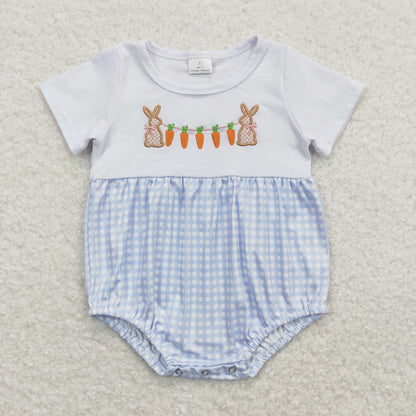 Baby Boy Short Sleeves Embroidery Carrot Rabbit Blue Plaid One Piece Romper