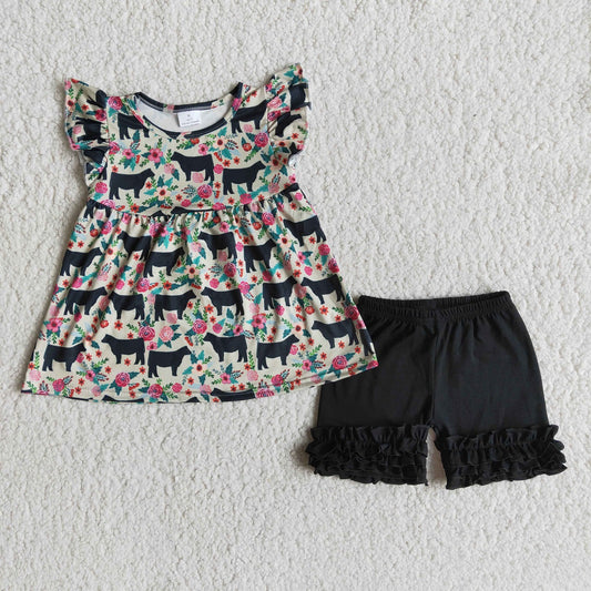 Promotion Baby Girl Short Sleeves Cow Floral Tunic Black Ruffle Shorts Summer Set